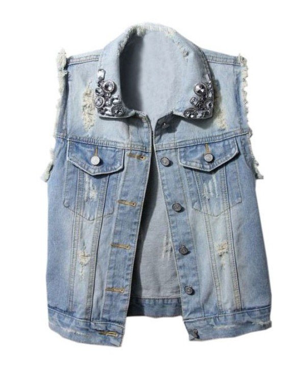 Distressed Denim Vests with Diamante Embellishment