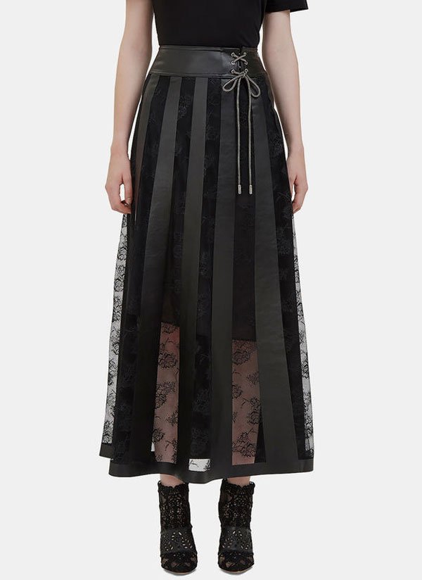 long leather and lace panelled skirt