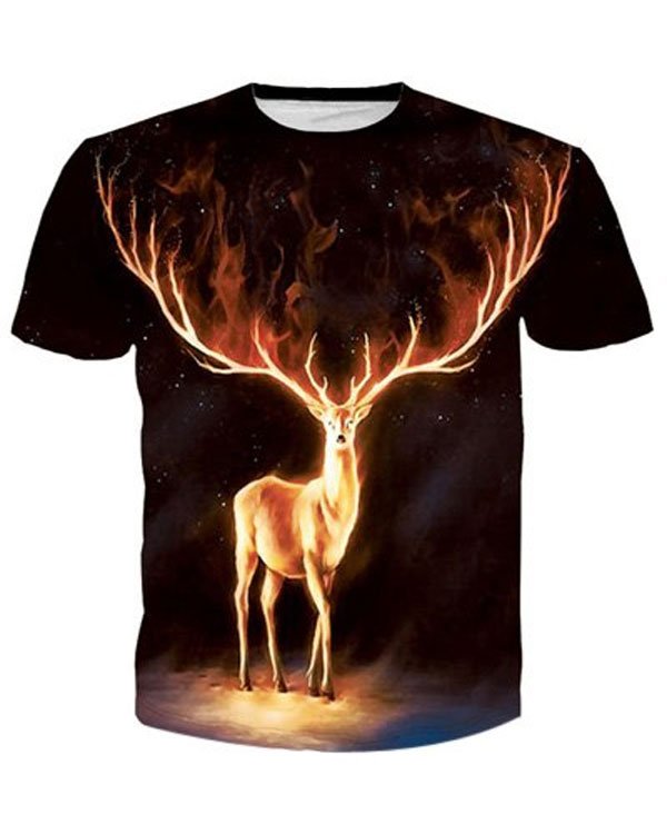 3D Flame Elk Print Short Sleeve Round Neck T-Shirt For Men